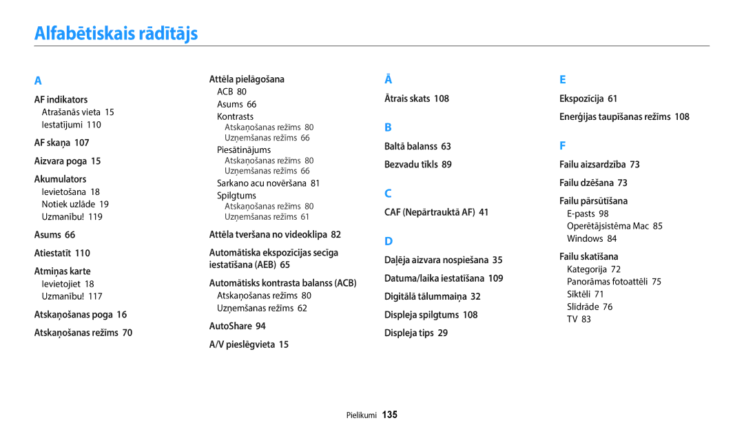 Samsung EC-WB50FZBPWE2, EC-WB50FZBPBE2, EC-WB50FZBPRE2 manual Alfabētiskais rādītājs 