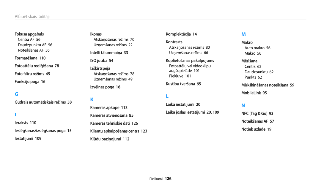 Samsung EC-WB50FZBPRE2, EC-WB50FZBPBE2 manual Alfabētiskais rādītājs, Centra AF Daudzpunktu AF, Piekļuve, Auto makro Makro 