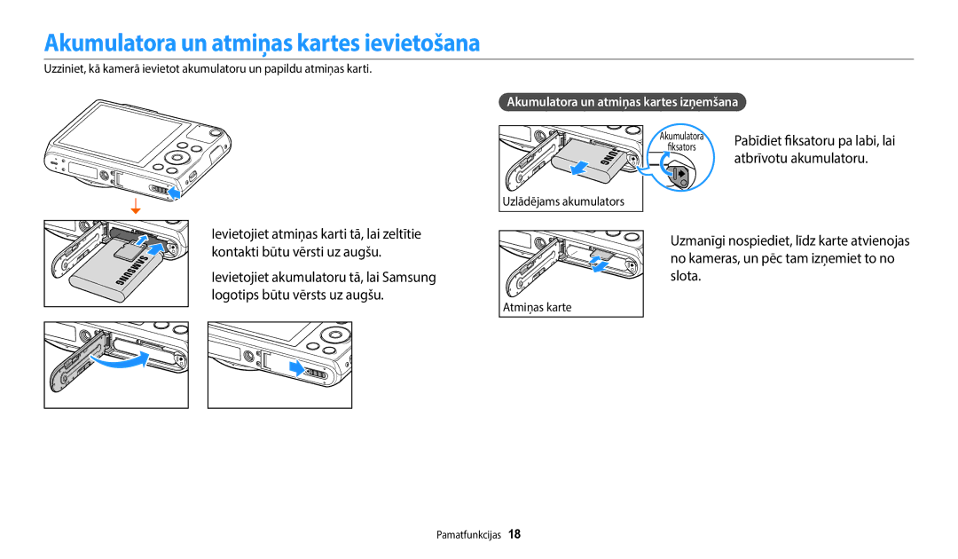 Samsung EC-WB50FZBPWE2, EC-WB50FZBPBE2, EC-WB50FZBPRE2 Akumulatora un atmiņas kartes ievietošana, Atbrīvotu akumulatoru 