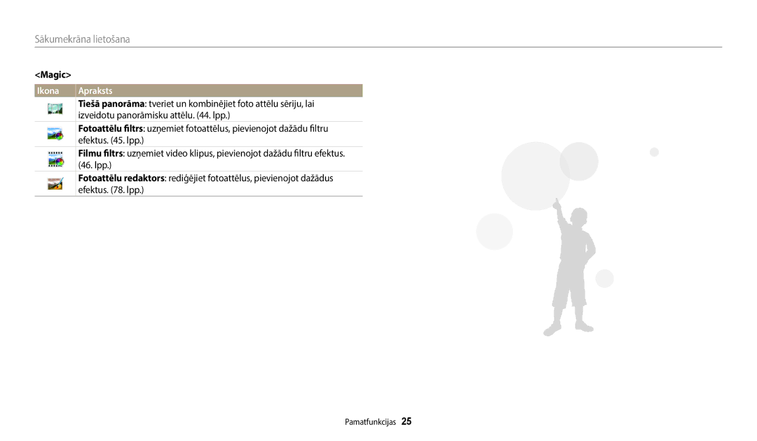 Samsung EC-WB50FZBPRE2, EC-WB50FZBPBE2, EC-WB50FZBPWE2 manual Magic, Izveidotu panorāmisku attēlu . lpp, Efektus . lpp 