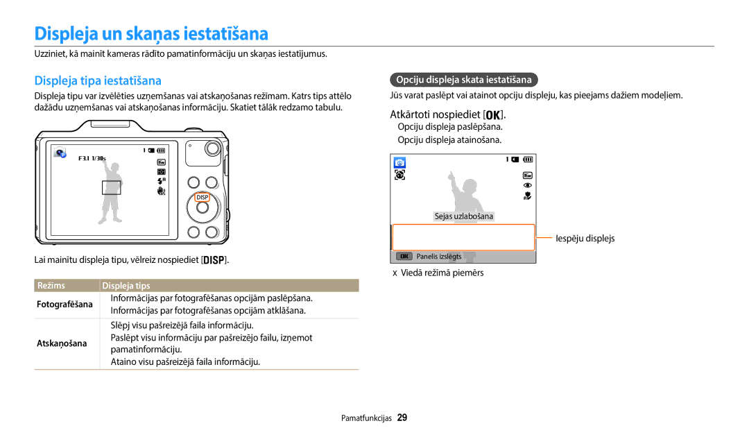 Samsung EC-WB50FZBPBE2 manual Displeja un skaņas iestatīšana, Displeja tipa iestatīšana, Opciju displeja skata iestatīšana 