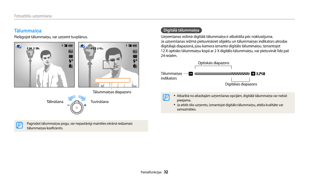 Samsung EC-WB50FZBPBE2, EC-WB50FZBPWE2, EC-WB50FZBPRE2 manual Tālummaiņa, Fotoattēlu uzņemšana, Digitālā tālummaiņa 