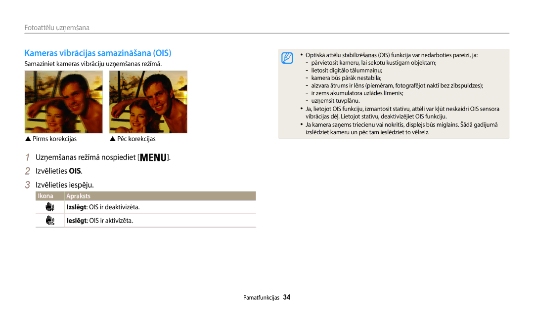 Samsung EC-WB50FZBPRE2, EC-WB50FZBPBE2, EC-WB50FZBPWE2 manual Kameras vibrācijas samazināšana OIS 