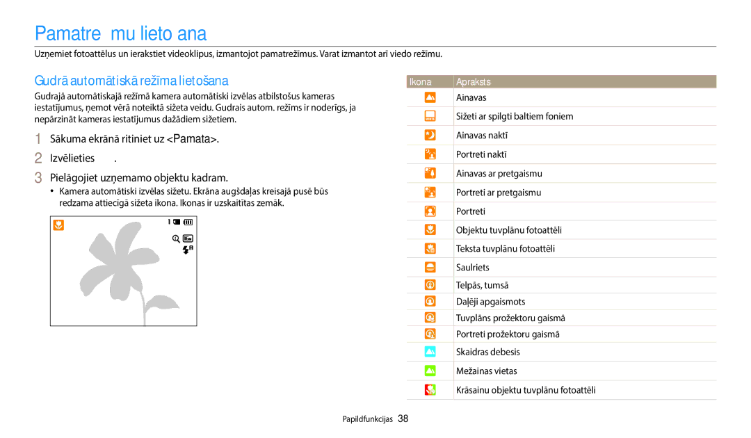 Samsung EC-WB50FZBPBE2, EC-WB50FZBPWE2, EC-WB50FZBPRE2 manual Pamatrežīmu lietošana, Gudrā automātiskā režīma lietošana 