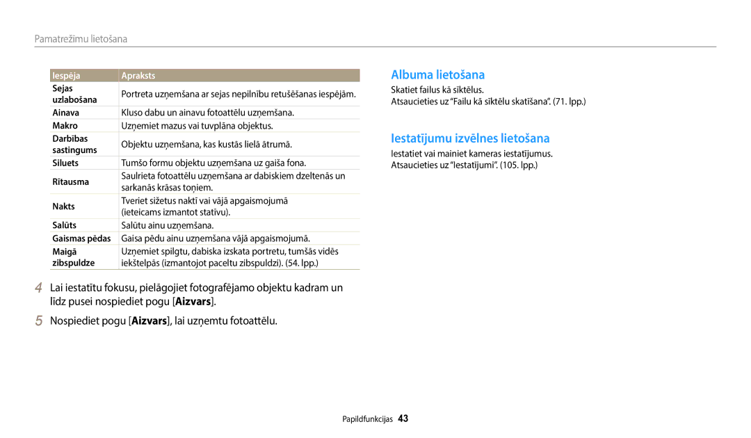 Samsung EC-WB50FZBPRE2, EC-WB50FZBPBE2, EC-WB50FZBPWE2 manual Albuma lietošana, Iestatījumu izvēlnes lietošana 