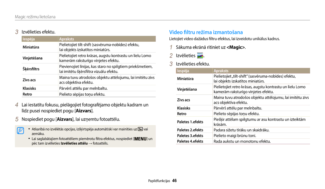 Samsung EC-WB50FZBPRE2, EC-WB50FZBPBE2, EC-WB50FZBPWE2 manual Video filtru režīma izmantošana, Izvēlieties efektu 