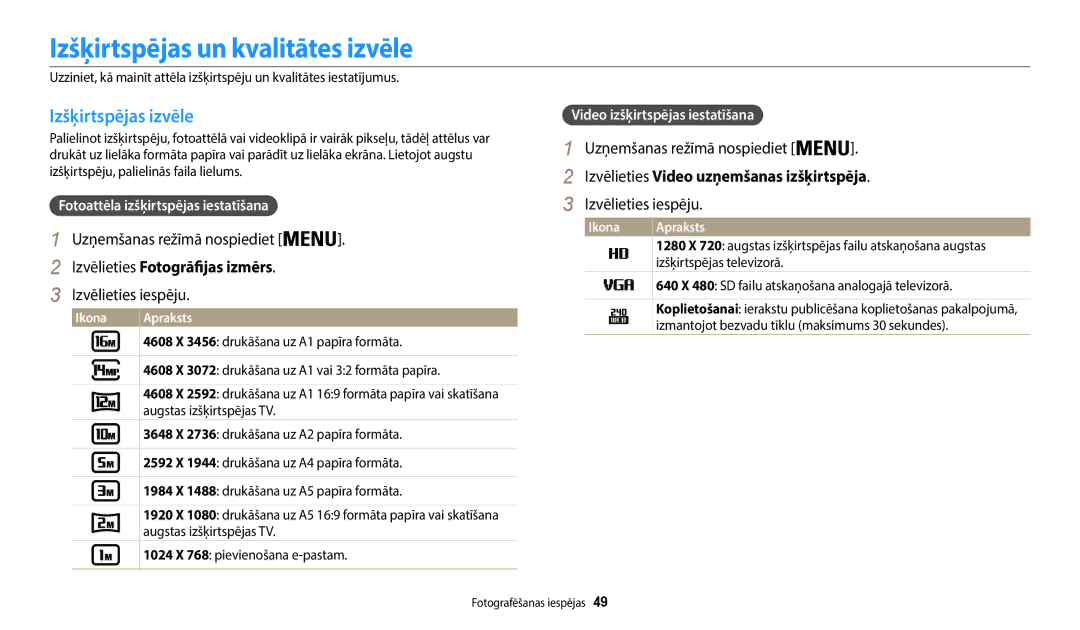 Samsung EC-WB50FZBPRE2 manual Izšķirtspējas un kvalitātes izvēle, Izšķirtspējas izvēle, Izvēlieties Fotogrāfijas izmērs 