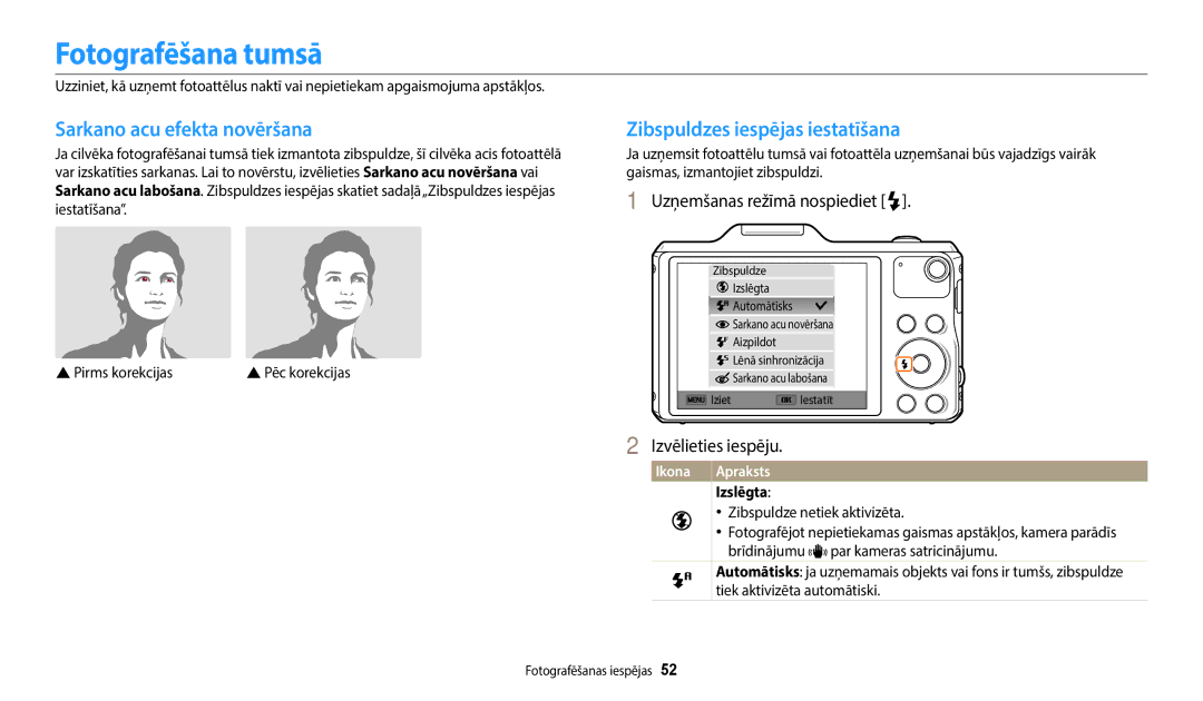 Samsung EC-WB50FZBPRE2 manual Fotografēšana tumsā, Sarkano acu efekta novēršana, Zibspuldzes iespējas iestatīšana, Izslēgta 