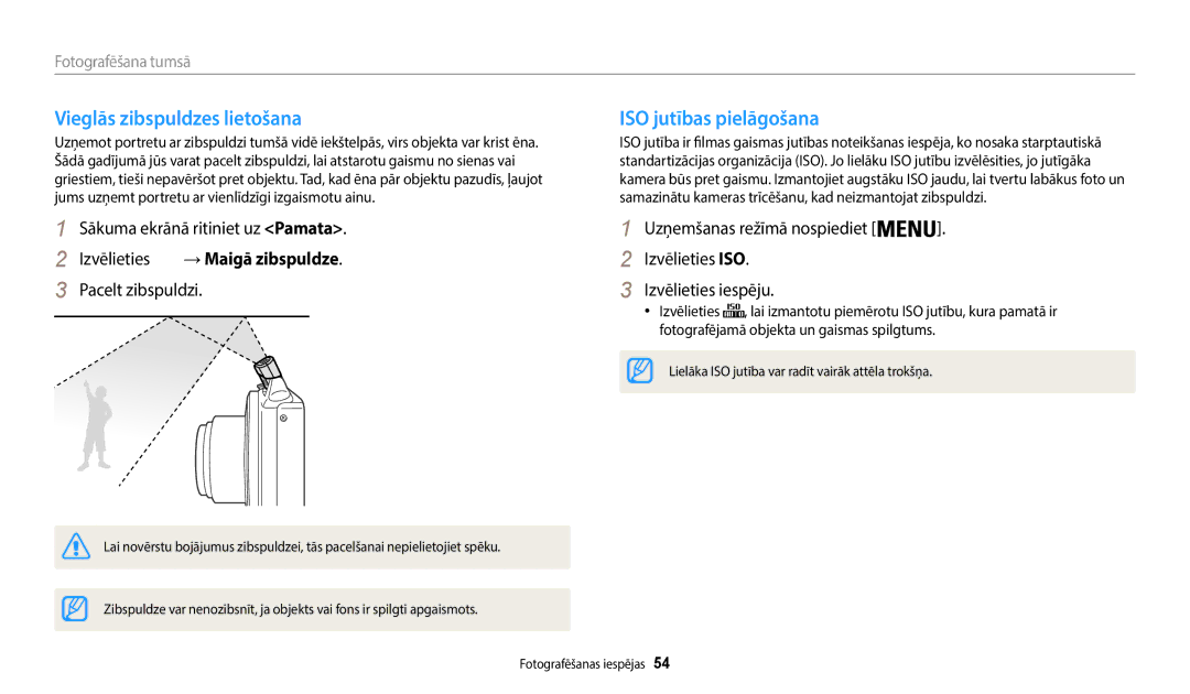 Samsung EC-WB50FZBPWE2, EC-WB50FZBPBE2, EC-WB50FZBPRE2 manual Vieglās zibspuldzes lietošana, ISO jutības pielāgošana 