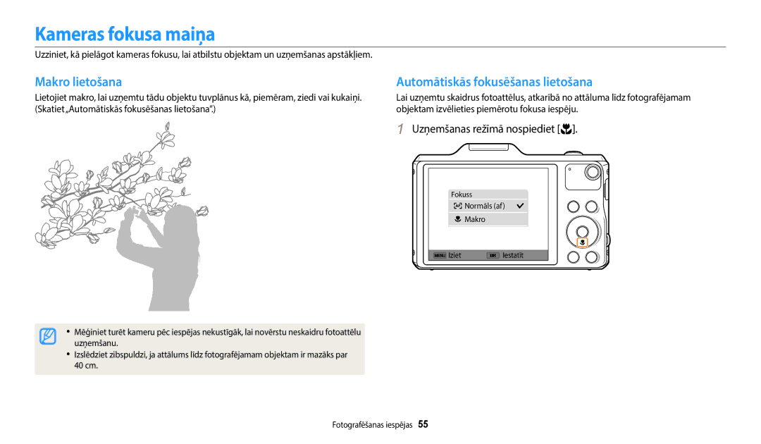 Samsung EC-WB50FZBPRE2, EC-WB50FZBPBE2 manual Kameras fokusa maiņa, Makro lietošana, Automātiskās fokusēšanas lietošana 