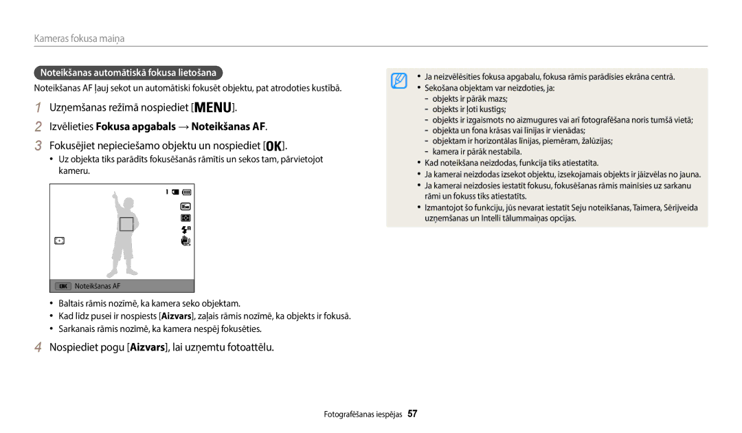 Samsung EC-WB50FZBPWE2 manual Izvēlieties Fokusa apgabals → Noteikšanas AF, Fokusējiet nepieciešamo objektu un nospiediet 