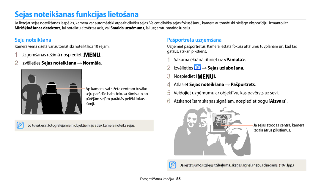 Samsung EC-WB50FZBPRE2, EC-WB50FZBPBE2 manual Sejas noteikšanas funkcijas lietošana, Seju noteikšana, Pašportreta uzņemšana 