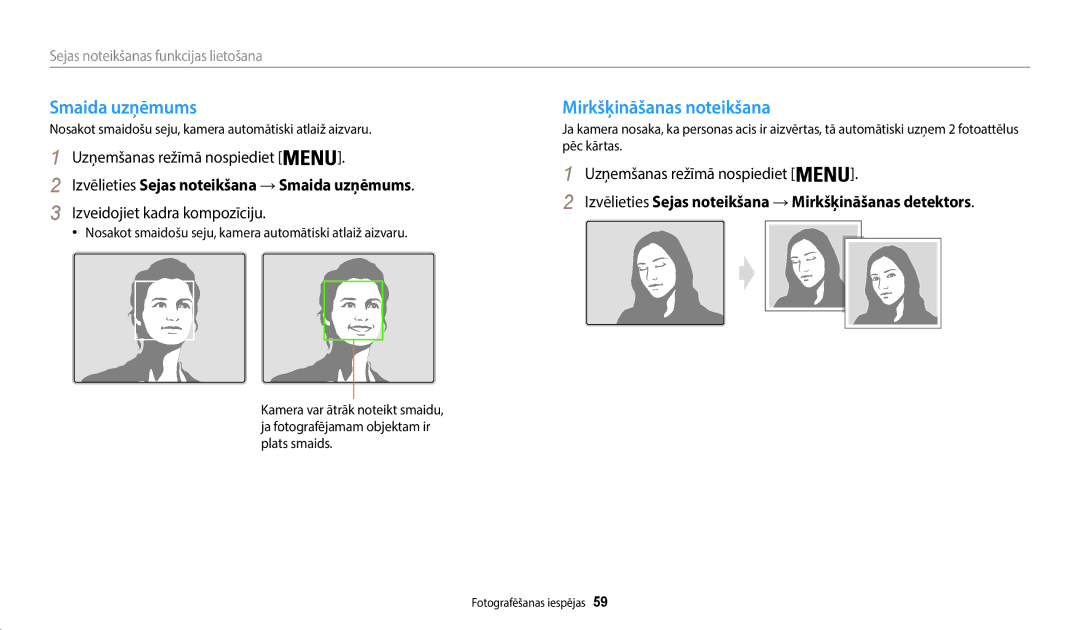 Samsung EC-WB50FZBPBE2, EC-WB50FZBPWE2 manual Mirkšķināšanas noteikšana, Izvēlieties Sejas noteikšana → Smaida uzņēmums 