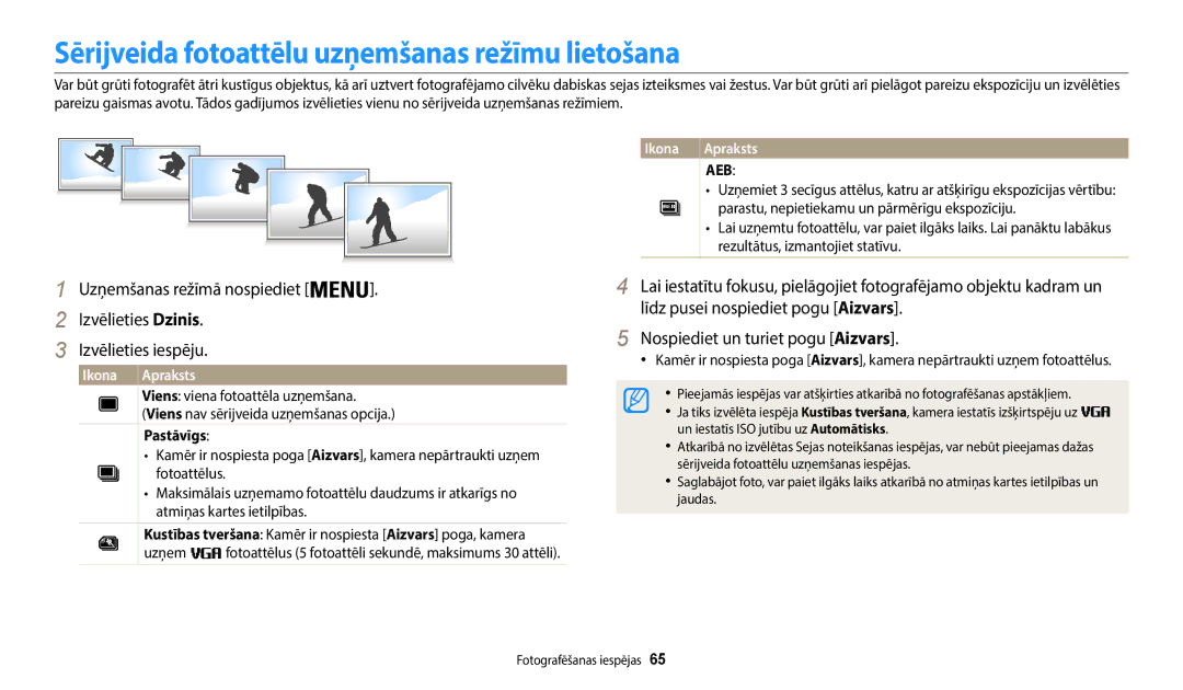 Samsung EC-WB50FZBPBE2, EC-WB50FZBPWE2, EC-WB50FZBPRE2 manual Sērijveida fotoattēlu uzņemšanas režīmu lietošana, Pastāvīgs 