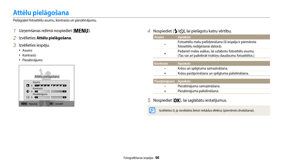 Samsung EC-WB50FZBPWE2, EC-WB50FZBPBE2 manual Izvēlieties Attēlu pielāgošana, Nospiediet / , lai pielāgotu katru vērtību 