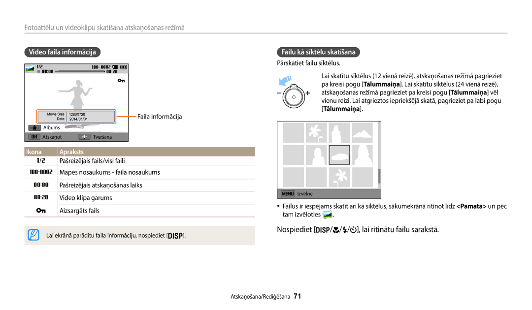 Samsung EC-WB50FZBPBE2 Nospiediet / / / , lai ritinātu failu sarakstā, Video faila informācija, Failu kā sīktēlu skatīšana 