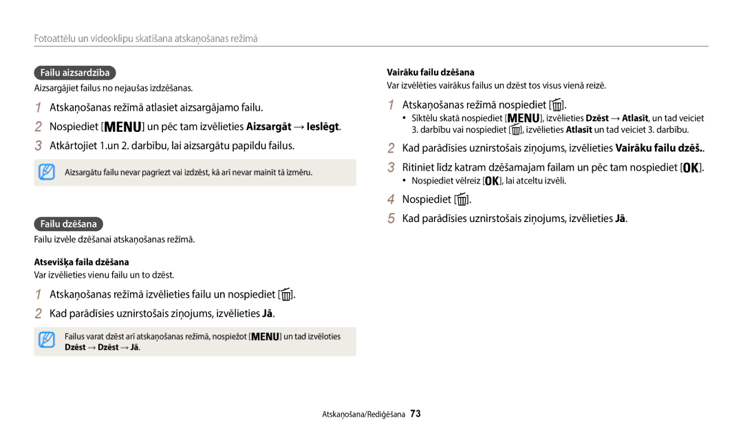 Samsung EC-WB50FZBPRE2 manual Atskaņošanas režīmā nospiediet, Failu aizsardzība, Failu dzēšana, Atsevišķa faila dzēšana 