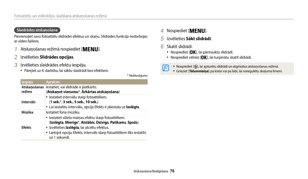 Samsung EC-WB50FZBPRE2, EC-WB50FZBPBE2 Izvēlieties Sākt slīdrādi, Izvēlieties Slīdrādes opcijas, Slaidrādes atskaņošana 