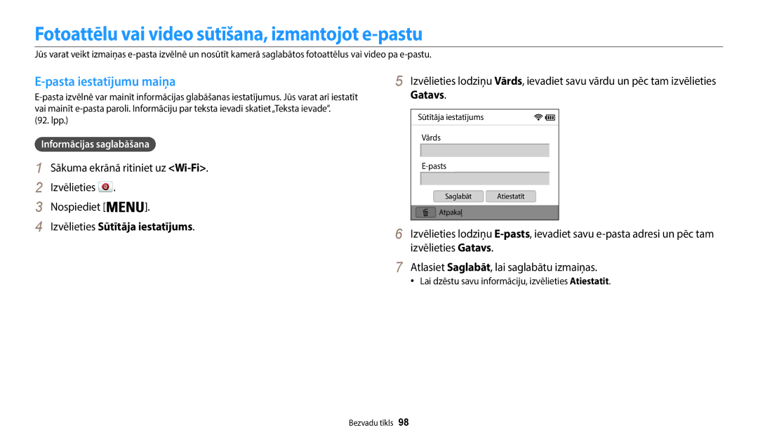 Samsung EC-WB50FZBPBE2, EC-WB50FZBPWE2 Fotoattēlu vai video sūtīšana, izmantojot e-pastu, Pasta iestatījumu maiņa, Gatavs 