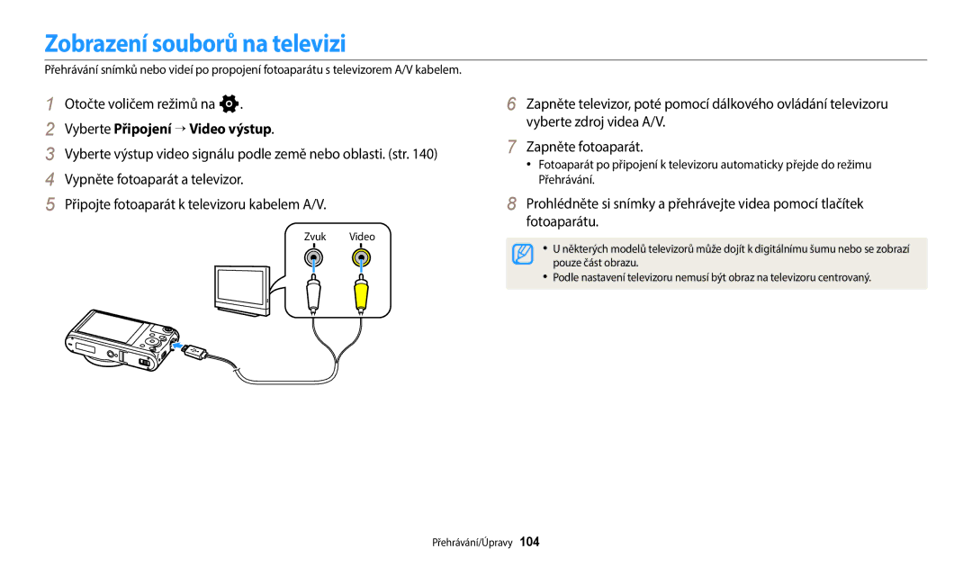 Samsung EC-WB350FBPUE3, EC-WB50FZBPBE3 manual Zobrazení souborů na televizi, Vyberte Připojení → Video výstup, Zvuk Video 