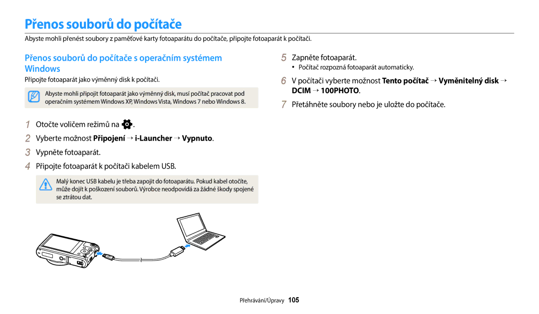 Samsung EC-WB50FZBPRE3, EC-WB50FZBPBE3, EC-WB350FBPNE3 manual Přenos souborů do počítače s operačním systémem Windows 