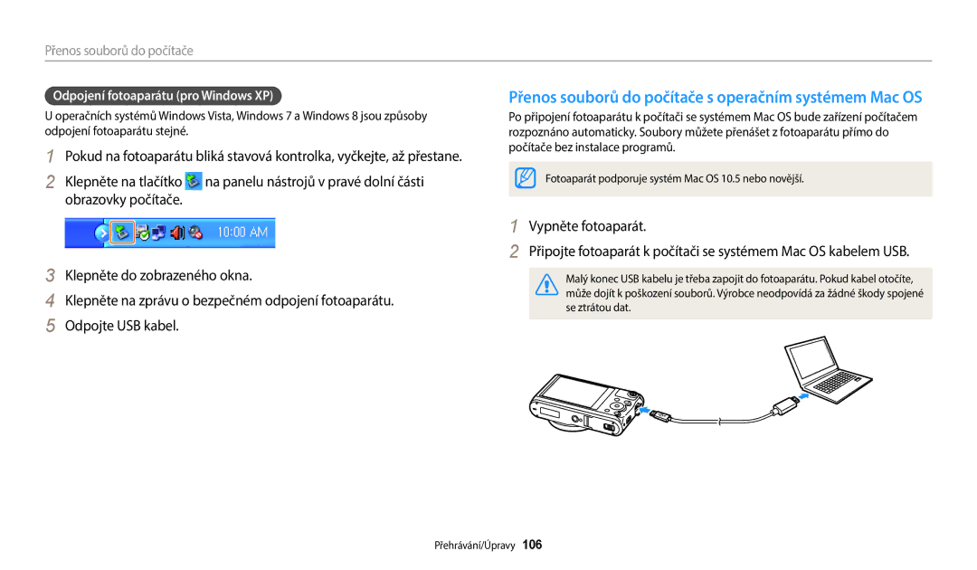 Samsung EC-WB352FBDWE3 manual Odpojení fotoaparátu pro Windows XP, Fotoaparát podporuje systém Mac OS 10.5 nebo novější 