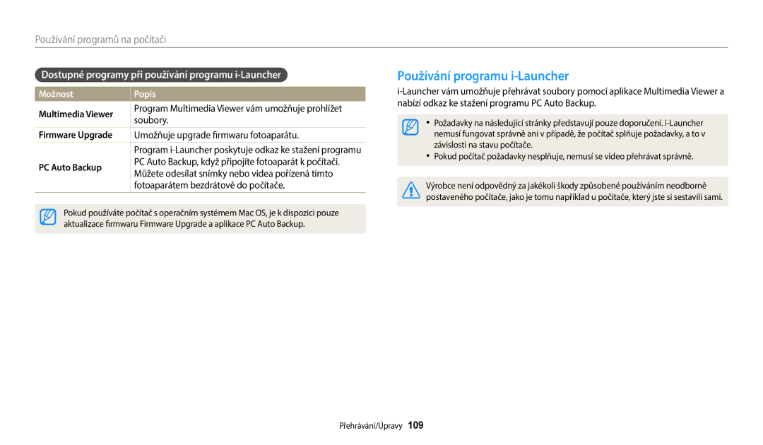 Samsung EC-WB50FZBPBE3 Používání programu i-Launcher, Dostupné programy při používání programu i-Launcher, PC Auto Backup 