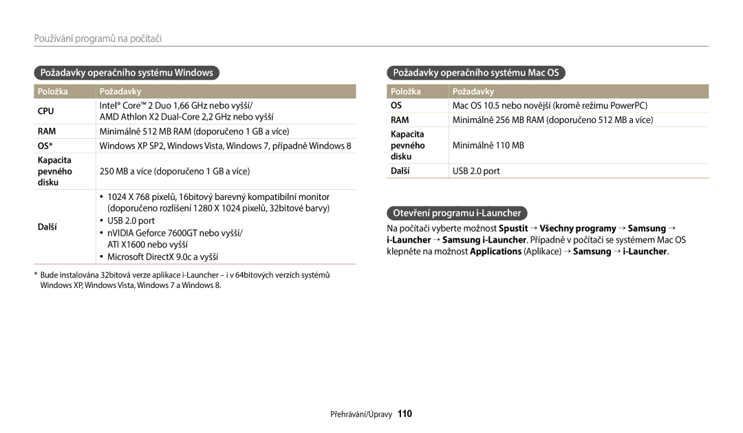 Samsung EC-WB350FBPNE3 manual Požadavky operačního systému Windows, Požadavky operačního systému Mac OS, Položka Požadavky 