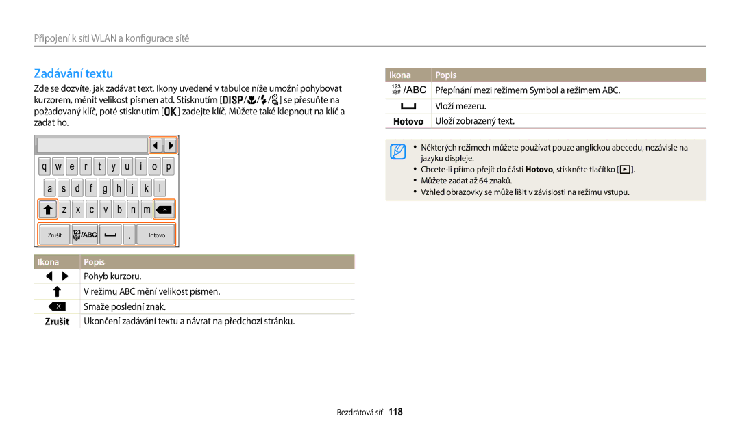 Samsung EC-WB352FBDRE3, EC-WB50FZBPBE3, EC-WB350FBPNE3, EC-WB350FBPBE3, EC-WB350FBPRE3 manual Zadávání textu, Hotovo, Zrušit 