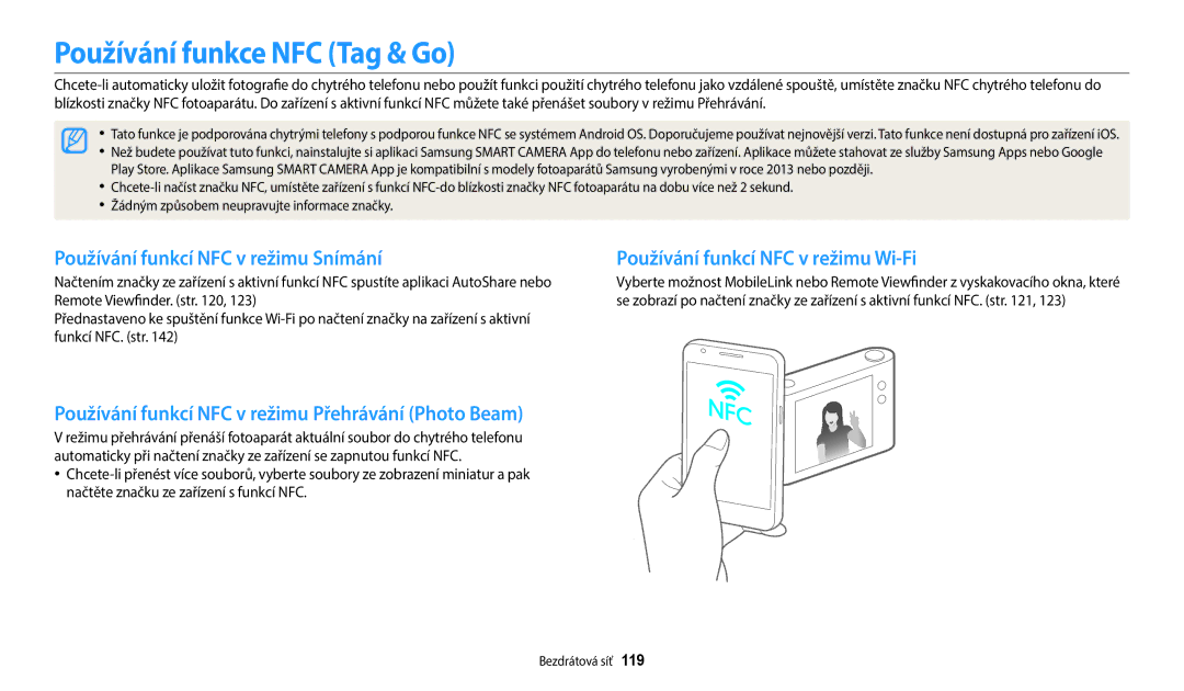 Samsung EC-WB50FZBPWE3, EC-WB50FZBPBE3, EC-WB350FBPNE3 Používání funkce NFC Tag & Go, Používání funkcí NFC v režimu Snímání 