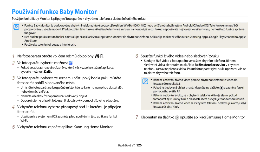 Samsung EC-WB352FBDBE3 manual Používání funkce Baby Monitor, Klepnutím na tlačítko opustíte aplikaci Samsung Home Monitor 