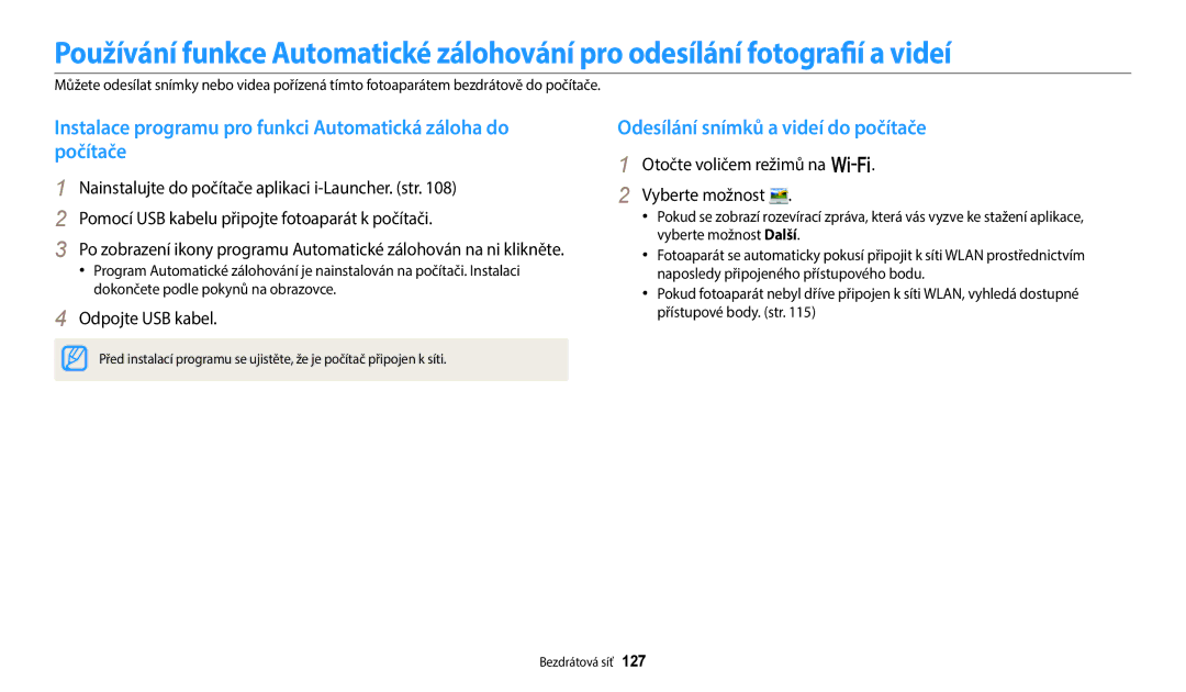 Samsung EC-WB50FZBPRE3, EC-WB50FZBPBE3 Odesílání snímků a videí do počítače, Otočte voličem režimů na w Vyberte možnost 