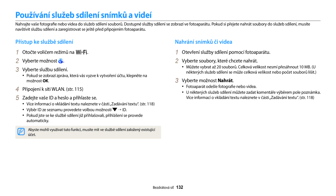 Samsung EC-WB350FBPNE3 manual Používání služeb sdílení snímků a videí, Přístup ke službě sdílení, Nahrání snímků či videa 