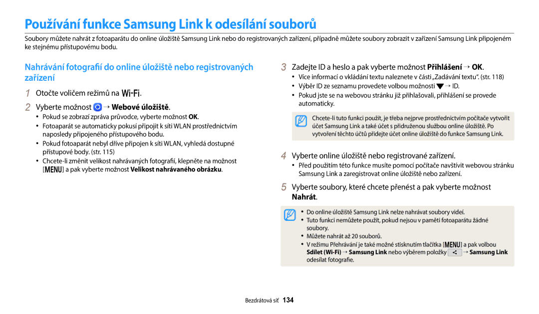 Samsung EC-WB350FBPRE3 manual Používání funkce Samsung Link k odesílání souborů, Zařízení, → Webové úložiště, Nahrát 