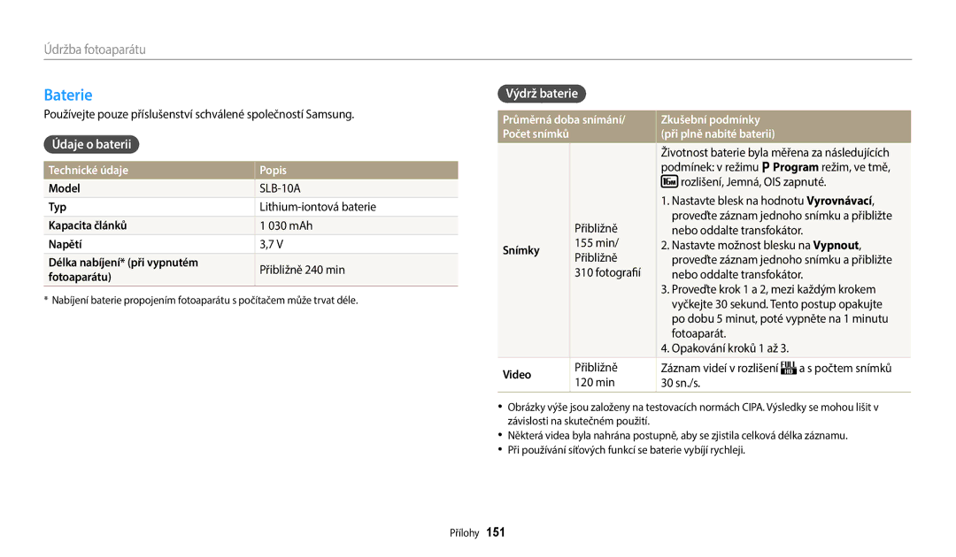 Samsung EC-WB352FBDRE3, EC-WB50FZBPBE3, EC-WB350FBPNE3, EC-WB350FBPBE3 manual Baterie, Údaje o baterii, Výdrž baterie 