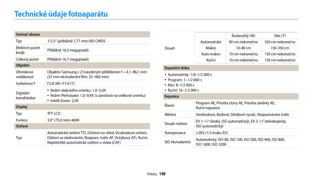 Samsung EC-WB352FBDBE3, EC-WB50FZBPBE3, EC-WB350FBPNE3, EC-WB350FBPBE3, EC-WB350FBPRE3 manual Technické údaje fotoaparátu 