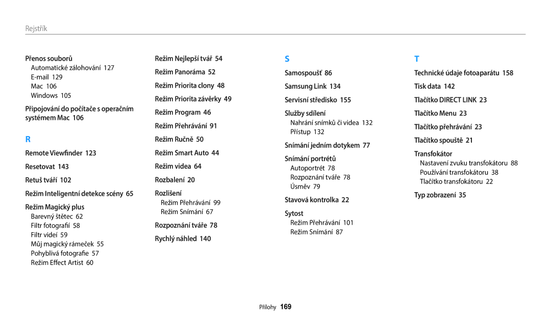 Samsung EC-WB352FBDBE3 manual Automatické zálohování 127 E-mail, Nahrání snímků či videa 132 Přístup, Mac 106 Windows 