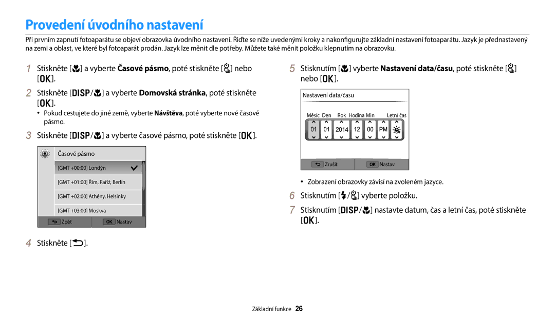 Samsung EC-WB352FBDBE3 Provedení úvodního nastavení, Stiskněte D/c a vyberte časové pásmo, poté stiskněte o, Časové pásmo 