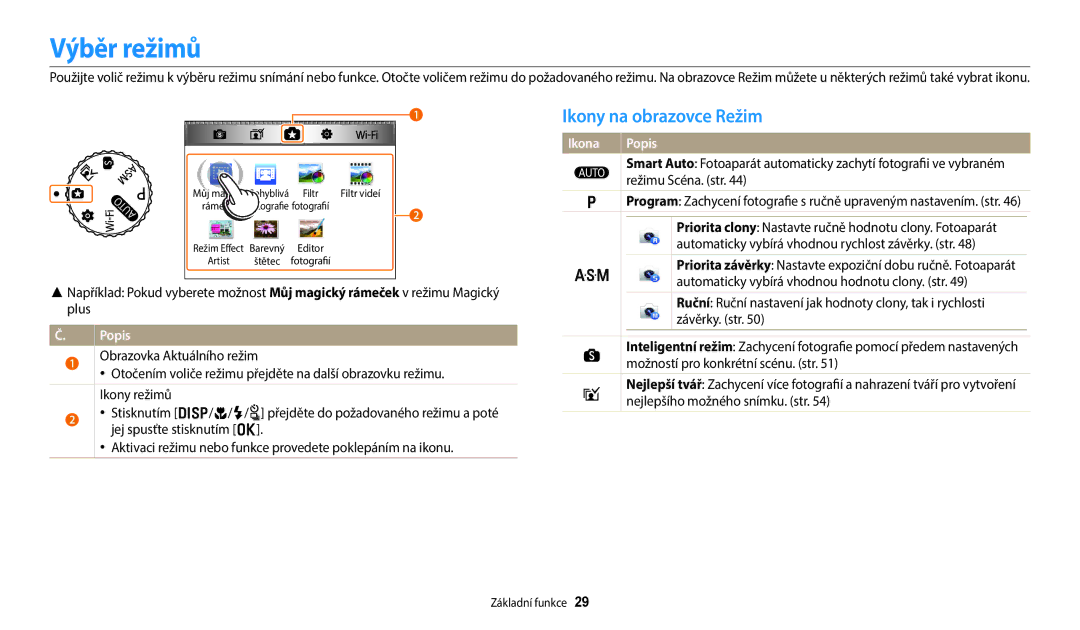 Samsung EC-WB352FBDWE3 manual Výběr režimů, Ikony na obrazovce Režim, Automaticky vybírá vhodnou rychlost závěrky. str 