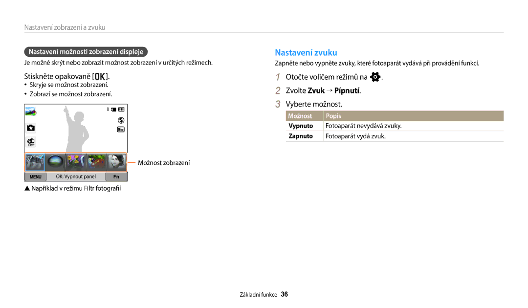 Samsung EC-WB350FBPWE3, EC-WB50FZBPBE3 manual Nastavení zvuku, Stiskněte opakovaně o, Zvolte Zvuk → Pípnutí, Vyberte možnost 