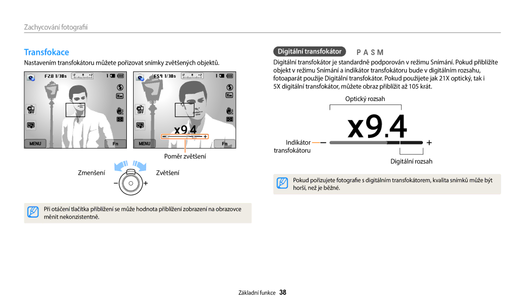 Samsung EC-WB350FBPUE3 manual Transfokace, Optický rozsah Indikátor transfokátoru Digitální rozsah, Měnit nekonzistentně 