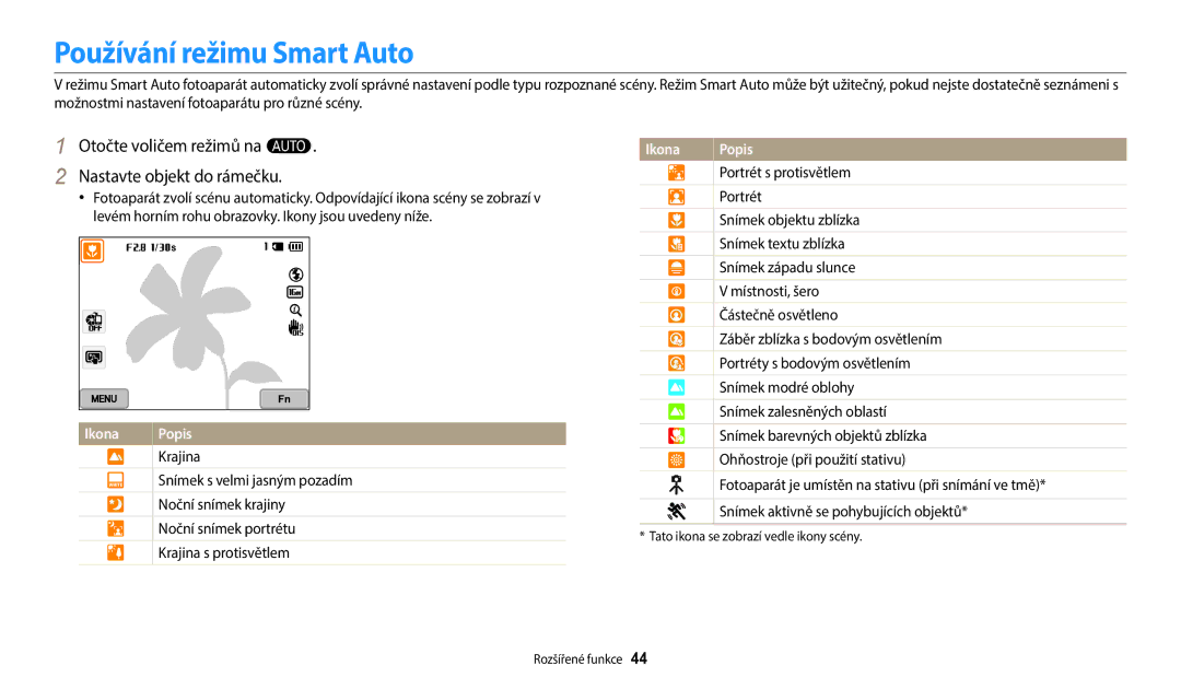 Samsung EC-WB350FBPNE3, EC-WB50FZBPBE3 Používání režimu Smart Auto, Otočte voličem režimů na T Nastavte objekt do rámečku 