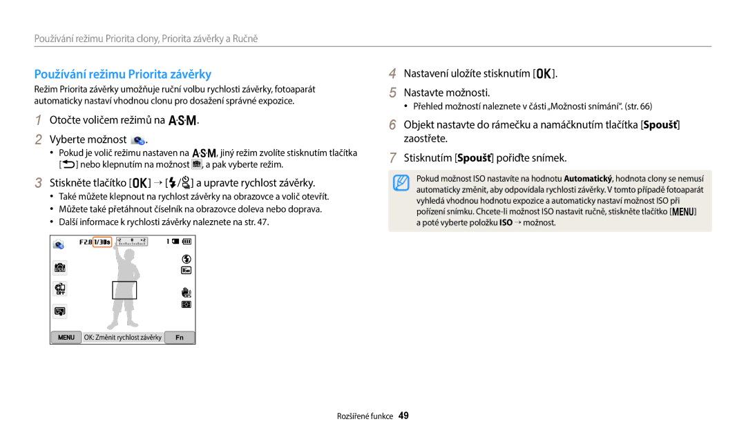 Samsung EC-WB350FBPUE3 manual Používání režimu Priorita závěrky, Stiskněte tlačítko o → F/t a upravte rychlost závěrky 