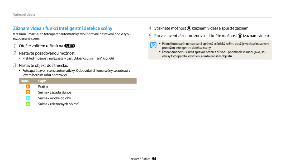 Samsung EC-WB50FZBPBE3 manual Záznam videa s funkcí Inteligentní detekce scény, Pro režim Inteligentní detekce scény 