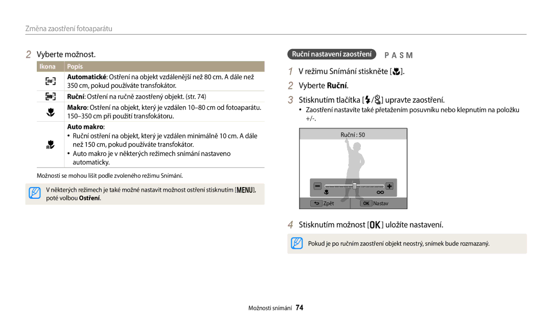 Samsung EC-WB352FBDRE3, EC-WB50FZBPBE3, EC-WB350FBPNE3, EC-WB350FBPBE3, EC-WB350FBPRE3 manual Auto makro, Poté volbou Ostření 