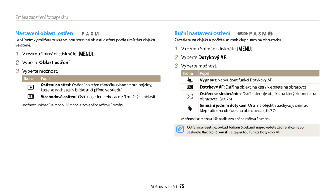 Samsung EC-WB50FZBPWE3 Nastavení oblasti ostření p a h M, Ruční nastavení ostření T p a h M s, Vyberte Oblast ostření 