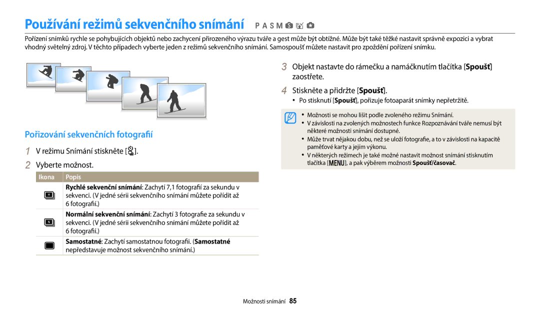 Samsung EC-WB352FBDRE3 Používání režimů sekvenčního snímání p a h M s i g, Pořizování sekvenčních fotografií, Zaostřete 