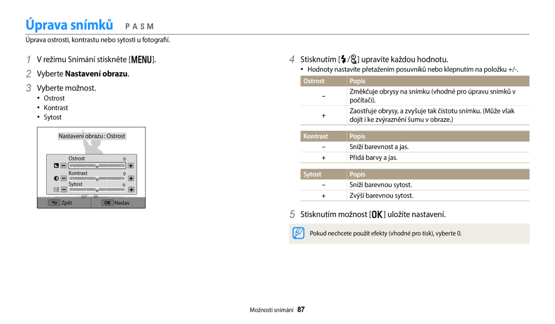 Samsung EC-WB50FZBPBE3 manual Úprava snímků p a h M, Vyberte Nastavení obrazu, Stisknutím F/t upravíte každou hodnotu 