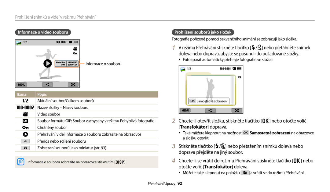 Samsung EC-WB352FBDBE3 Transfokátor doprava, Informace o video souboru, Složku otevřít, Také můžete klepnout na možnost 