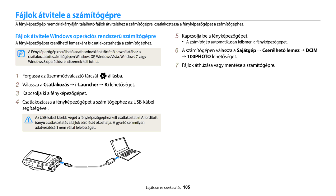 Samsung EC-WB50FZBPRE3 manual Fájlok átvitele a számítógépre, Számítógép automatikusan felismeri a fényképezőgépet 